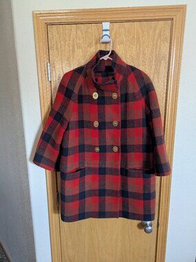 COACH size M Red Tartan Plaid Double Breasted Turn Lock Wool Coat Women